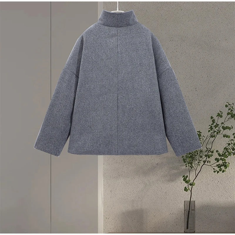 Women's Double Button High-Collar Wool Blend Coat