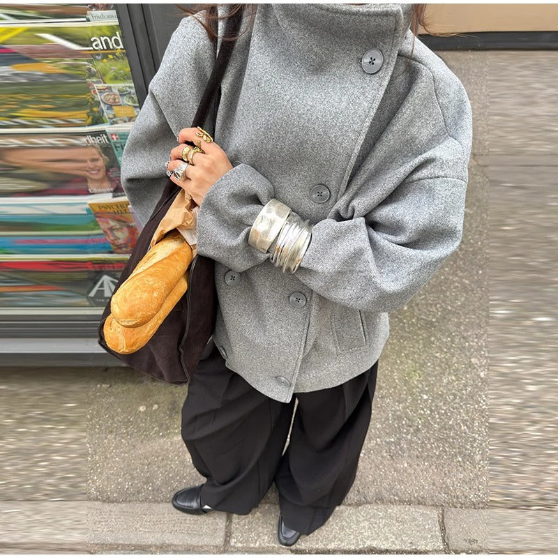 Women's Double Button High-Collar Wool Blend Coat