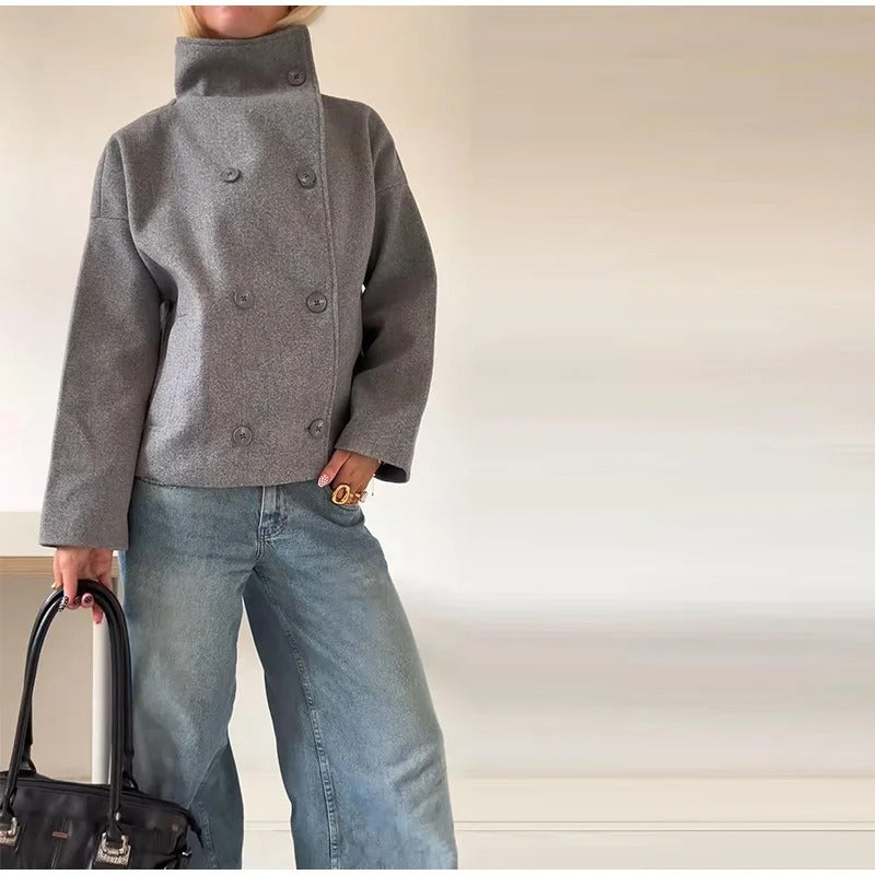 Women's Double Button High-Collar Wool Blend Coat