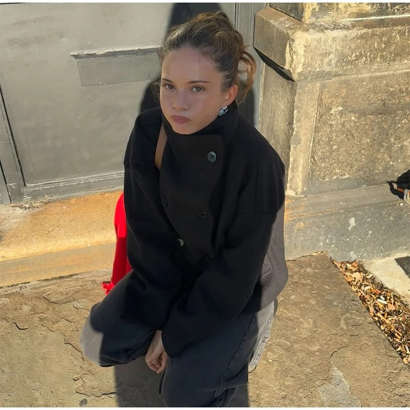 Women's Double Button High-Collar Wool Blend Coat