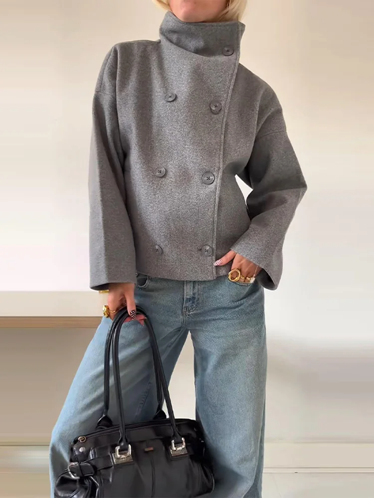 Women's Double Button High-Collar Wool Blend Coat