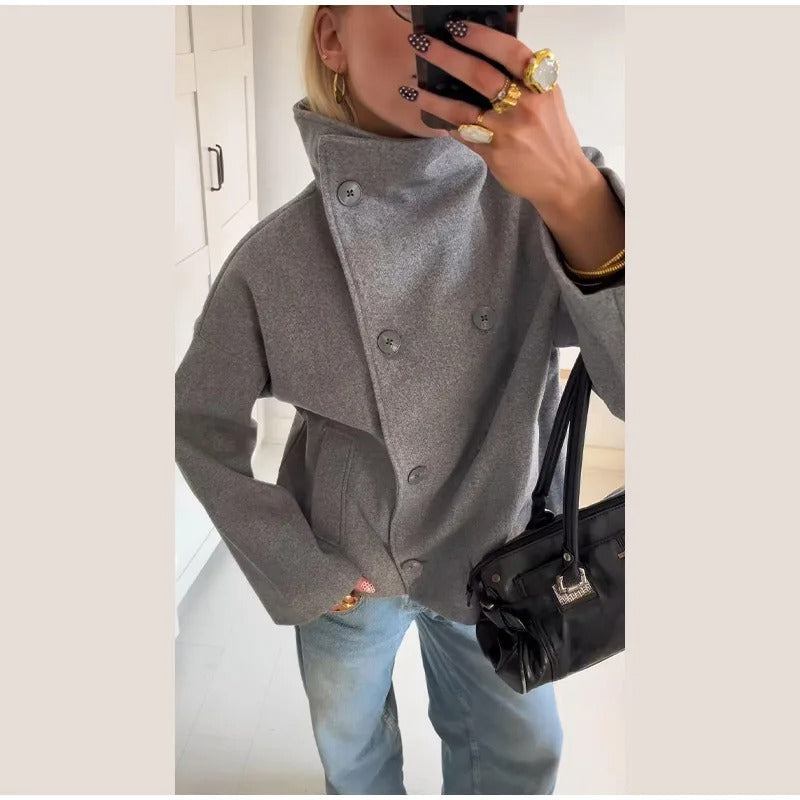 Women's Double Button High-Collar Wool Blend Coat