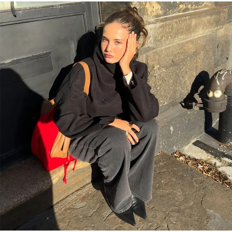 Women's Double Button High-Collar Wool Blend Coat