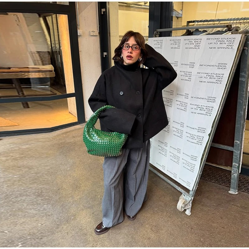 Women's Double Button High-Collar Wool Blend Coat