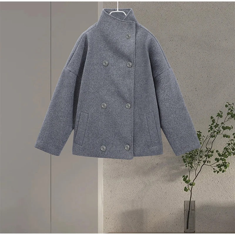 Women's Double Button High-Collar Wool Blend Coat