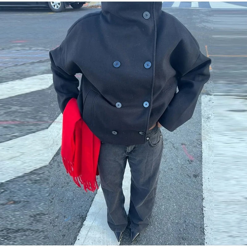 Women's Double Button High-Collar Wool Blend Coat